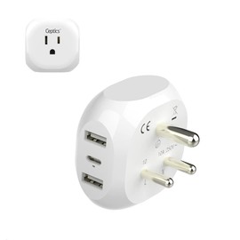 Ceptics India, Pakistan Travel Adapter - 5 Input with QC 3.1A Dual USB and USB-C - Ultra Compact - Light Weight - USA to Any Type D Countries Such as Bangladesh, Maldives and More (PTU-10), White