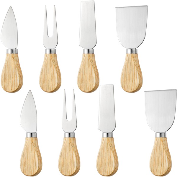 Bekith 8 Pieces Set Cheese Knives with Bamboo Wood Handle - 2 Cheese Knife, 2 Cheese Shaver, 2 Cheese Fork and 2 Cheese Spreader