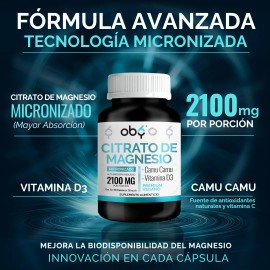 Citrato Magnesio Micronizado 2100mg  Camu Camu, Vitamina C y D3  Suplemento Alimenticio Oby Vitaminas Mujer Hombre  Complejo Magnesium Citrate Polvo  