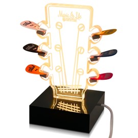 Wonderjune Light up Guitar Pick Holder Acrylic Electric Guitar Headstock Shaped Pick Holder LED 3 Color Guitar Pick Display with Base for Picks Storage Accessories Music Players Guitarists Lovers Gift
