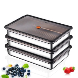 Hommiya Stainless Steel Food Storage Containers, Silver, Airtight with Vacuum Seal, Stackable Rectangular, 3-Piece Set, BPA-Free Lids, for Meal Prep and Leftovers Storage
