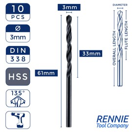 Box Of 10 x 3mm HSS Jobber Drill Bits - Black Roll Forged HSS-R for Carbon + Alloy Steel, Plastics & Wood. DIN338 (3mm x 61mm)