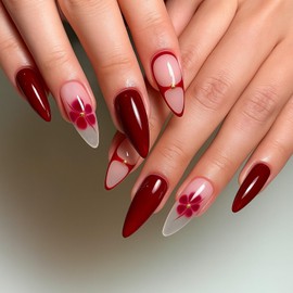 Long Almond Press-On False Nails, Burgundy Floral French Tip Design