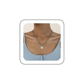 TseenYi Chunky Chain Toggle Necklace Coin Pendant Necklace Silver Coin Toggle Clasp Necklace Paper clip Chain OT Necklace Vintage Paperclip Chain Clasp Necklace Thick Chain Choker Necklace