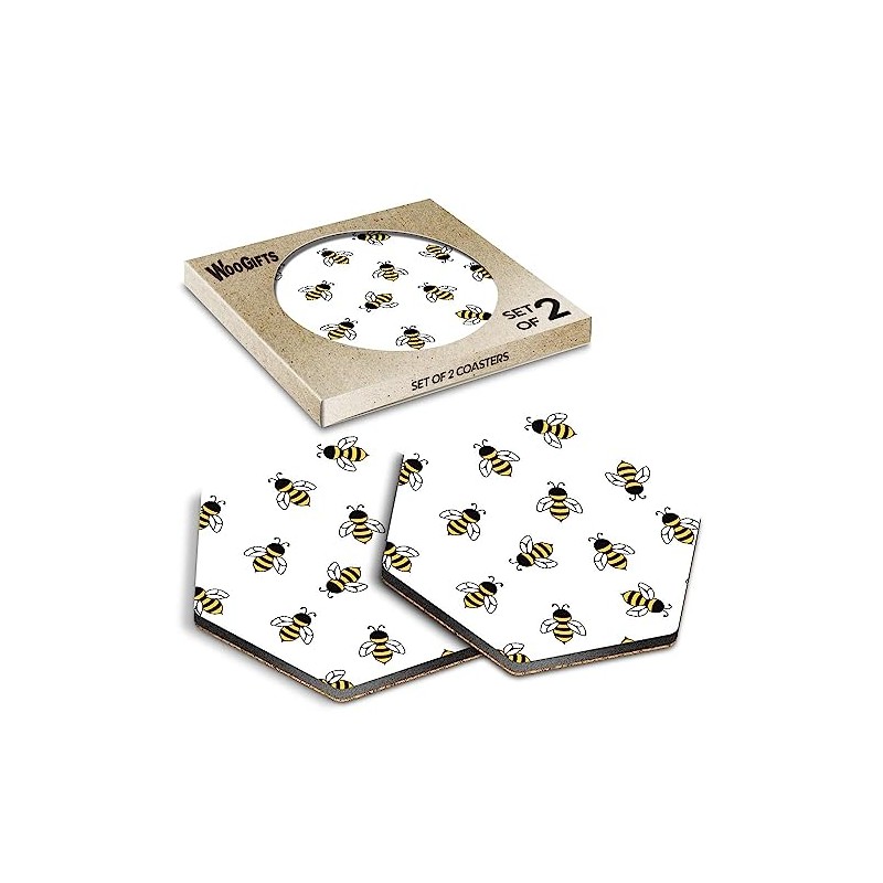 2 x Hexagon Coasters - Little Bumble Bee Pattern Cork