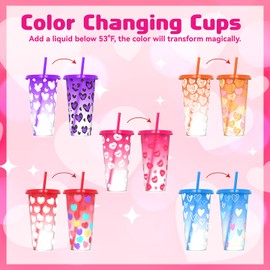Color Changing Cups, 24 oz Plastic Reusable Tumblers with Lids and Straws for Party and Travel | for Iced Coffee Tea and Smoothie - 5 Pack, Heart Style,Valentine's Day Gift, BPA-free