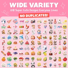 Cute Stickers for Kids - Water Bottle Stickers - 108pc Sticker Pack - Waterproof Vinyl Stickers for Water Bottles, Scrapbook Stickers, Etc - Kawaii Stickers for Teens, Kids, Adults
