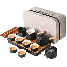 Chinese tea set, Gongfu tea set, japanese tea set, Travel tea set traditional ceramic tea set with Teapot,Portable Tea Set,Travel,Home,Outdoor,Office, Picnic,Business (Tiliang black 4cups)