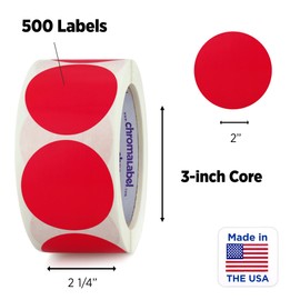 ChromaLabel 2 Inch Round Colored Stickers, Permanent Sticky Dots Color Coding Labels, Ideal Colored Dot Stickers for Arts and Crafts - 500 Sticker Dots per Roll, Red Sticker Labels
