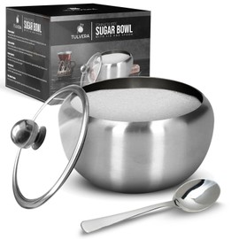 Sugar Bowl with Glass Lid and Spoon | 12oz Sugar Container for Coffee Bar | Stainless Steel Holder Jar for Salt, Tea, Candy, Sugar Cube, Brown Sugar | Kitchen Countertop Storage Accessories | 350ml