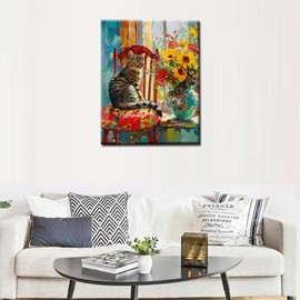 Aihonmin Cute Cats Sitting on Chairs Paint by Number for Adults Beginner and Kids, DIY Flower Painting Acrylic Paint by Number Kits for Kids Adults Beginner for Home Wall Decor(DIY Frame) 16x20 inch