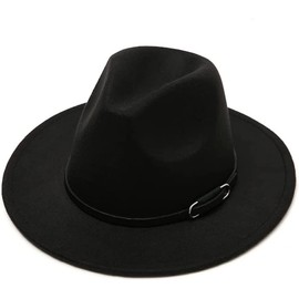 Classic Unisex Wool Blend Fedora Hat Brim Flat Church Derby Cap Wide Brim Classic Pork Pie Hat with Belt Buckle for Wedding Party Talent Show, black