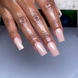 Xcreando Baby Pink Press On Nails Medium Long Square Coffin, Acrylic Glue On Nails, Solid Color Fake Nails for Women, Natural Thick Artificial Stick On