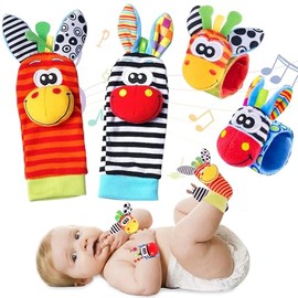 4 Piezas Sonajero Calcetines y Muñequeras, Sonajeros de Muñeca Animales Lindos, Juguete Sensorial con Sonaja, Sonajeros para Manos y Pies Sonido Estimulante Temprano y Colores Brillantes