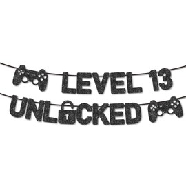 Pre-Strung Level 13 Unlocked Banner - NO DIY - 13th Birthday Banner - Happy 13th Birthday Banner - Black Glitter