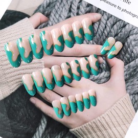 24Pcs Press on Nails Long Coffin Fake Nails Lines False Nails Glossy Ballerina Clip on Nails Full Cover Fake Nails for Women and Girls (Lines False Nails-H)