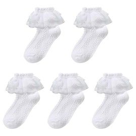 TEROTY 5 Pairs Little Girls Ruffle Lace Trim Cotton Socks Baby Girl Eyelet Princess Frilly Dress Socks (UK, Age, 1 Year, 3 Years, Regular, White)
