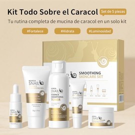 Kit de Cuidado Facial Beaubase de Esencia de Caracol, Set Hidratante 5 Pzas con Gel Limpiador, Tónico, Sérum, Crema para Ojos y Crema Facial, Rutina A