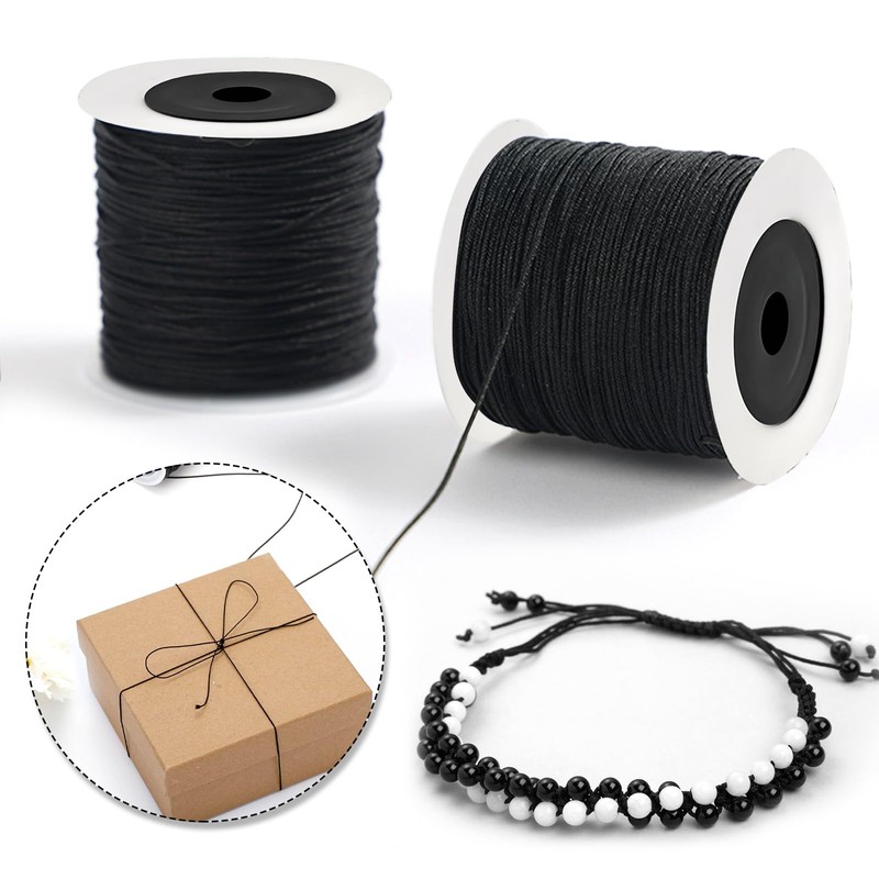 Black Nylon Cord for Bracelet Making, 0.8mm x 200m No-Elastic