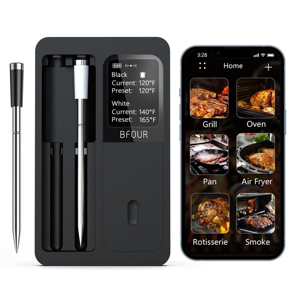 BFOUR Wireless Meat Thermometer Digital with 2 Upgraded Waterproof Probes,