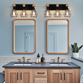 COTULIN Farmhouse Vanity Light for Bathroom,3-Light Industrial Black Light Fixtures Over Mirror,Rustic Wood Wall Sconces Lighting with Cage Metal Lampshade for Living Room Bedroom Hallway Restroom