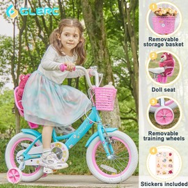 Glerc Maggie Girls Bike, 16 Inch Kids Bike for 4-7 Years Old Children, Princess Style Kids Bicycle with Doll-Seat & Basket & Training Wheels, Blue