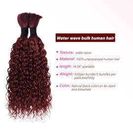 Human Braiding Hair 99j for Boho Braids Human Hair Water Wave22Inch 2 Bundles 100g Wet and Wavy Human Hair for Boho Knotless Braids Bulk Boho Human22 inch (Water wave (99j Color), 22)
