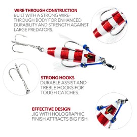 5" Eddie Bomb Vertical Flat Fall Jigs, 2 Pcs Red Zebra Glow 16oz Rigged & Unrigged, for Offshore Tuna Jigging, Includes Heavy-Duty Jig Bodies, Ideal for Bluefin Tuna & Big Game Saltwater Fishing
