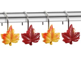 Maple Leaf Shower Curtain Hooks, 12Pcs Thanksgiving Decorative Shower Curtain Hooks, CHICTIE Autumn Fall Leaves Shower Curtain Rings Rustproof for Bathroom Bedroom Room Decor (Red + Yellow)