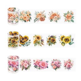 HNLMZ Washi Tape Set, 3 Rolls Scrapbook Stickers, Flowers PET Washi Tape, PET Transparent Decorative Stickers for Scrapbooks, Diaries, Notepads Used and DIY Photo Albums (J)