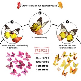CUEMOON 72 Stück 3D-Schmetterlings-Wanddekoration, Schmetterlingsaufklebern, Kühlschrankmagnet für Kinderzimmer, Zuhause, Klassenzimmer, Party-Dekorationen，mehrfarbig