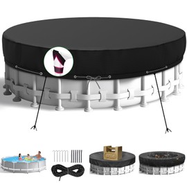 HIGHTQURO 18Ft Round Pool Cover,Heavy Duty Waterproof Round Pool Covers for Above Ground Pools with Ground Nails and Windproof Ropes,Increase Stability&Tear-Resistant, Waterproof and Dustproof, Black