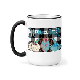 Hello Fall- Large 15oz Cup -Plaid and Turquoise Pumpkins
