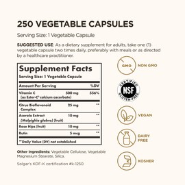 Solgar Ester-C Plus 500 mg Vitamin C (Ascorbate Complex), 250 Vegetable Capsules - Gentle & Non Acidic - Antioxidant & Immune Support - Non GMO, Vegan, Gluten Free, Kosher - 250 Servings