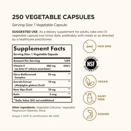 Solgar Ester-C Plus 500 mg Vitamin C (Ascorbate Complex), 250 Vegetable Capsules - Gentle & Non Acidic - Antioxidant & Immune Support - Non GMO, Vegan, Gluten Free, Kosher - 250 Servings