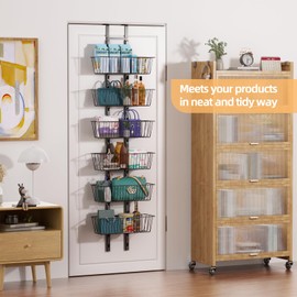 6-Tier Over the Door Pantry Organizer with Baskets, Metal Over the Door Hanging Spice Rack, Over Door Organizers and Storage, Spice Rack Organizer for Home & Kitchen Laundry Room Bathroom Essentials