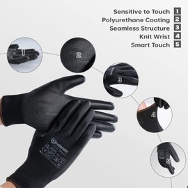 ANDANDA Safety Work Gloves, Seamless Knit Gardening Gloves with PU Coated, Ideal Work Gloves Men for General Work, Warehouse, Garden, Black M-24 Pairs