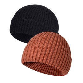 MAIAGO 2 Pack Fisherman Beanie, Wool Knit Cuff Short Watch Cap Fisherman Beanie Winter Warm Hats for Men Women