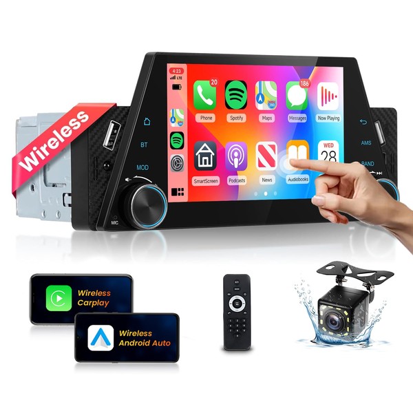 Single Din Radio with Wireless Carplay and Android Auto,Podofo 5