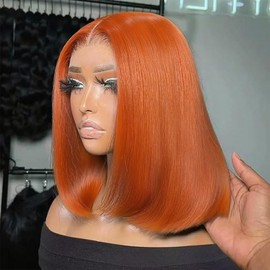 Bob Wig Human Hair 13x4 HD Lace Frontal Short Straight Lace Front Bob Wigs for Black Women Human Hair Pre Plucked Glueless Side Part 180% Density Orange Ginger Color #350 10 Inch