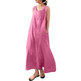 chouyatou Women's Summer Casual Sleeveless Cotton Sun Dress Maxi Tunic Tank Beach Dress with Pocket (XX-Large, Pink)