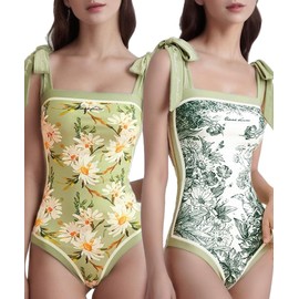 SKAYS Reversible Floral One Piece Swimsuit Women Bathing Suit Vintage Cute with Adjustable Straps Swimwear Green XL