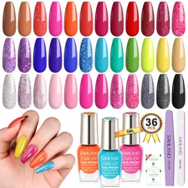 SAVILAND Nail Polish Set Fingernail Air-Dry: 36pcs Rainbow Colors Nail Polish Kit Glitter Regular Toenail Nail Polish with Base Top Polish Coat Nail Lacquer Acrylic Nail Set for Beginner Home DIY Gift
