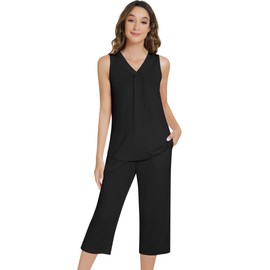 NACHILA Pajamas for Women-Viscose Made from Bamboo, Sleeveless Sleepwear Pleated Tank Top Pjs with Capri Pants Soft Pj Sets Black L