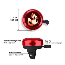WIRESTER Red Aluminum Round Bike Bell, Classic Ring Bicycle Bell, Bike Accessories Bell Ring for Adults Kids Girls Boys - Funny Fox
