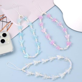 Amabro 3Pcs Butterfly Beaded Phone Charm, Stationery Decoration Charm Pearl Beaded Cell Phone Lanyard Wrist Strap Pearl Cute Y2K Aesthetic Chain for Camera Bag Purse Decor