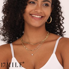 17 MILE Gold Layered Choker Necklace for Women, 14K Real Gold Plated CZ Pendant Necklace, Dainty Flat Snake Chain Layering Necklace