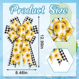 ABTOLS 2PCS Daisy Wreath Bows, Black White Buffalo Plaid Bows for Wreath Yellow Floral Wreath Bows Spring Sunflower Decorative Bows for Front Door Summer Burlap Tree Bows for Indoor Outdoor Decor