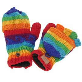 GURU SHOP Nepal Hand Knitted Gloves, Fold-Up Gloves, Wool Gloves, Men/Women, Green, Wool, Size: One Size, rainbow