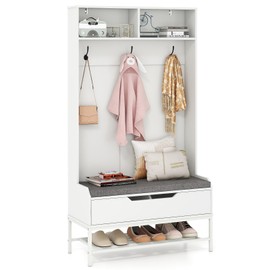 Tangkula 69 Inches Hall Tree, 4-in-1 Coat Rack with Bench and Shoe Storage, Seat Cushion, Open Compartments, Hooks, Lift-top Storage, Entryway Bench with Anti-toppling Devices (White)